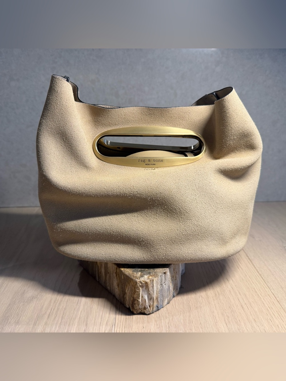 rag & bone Belize Suede Clutch/convertible Crossbody in "dune", with Gold Handle